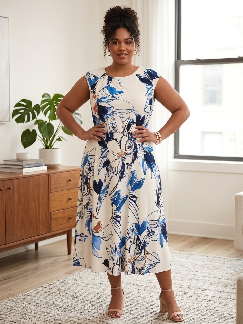Calvin Klein Cream Midi Dress with Blue Floral Print